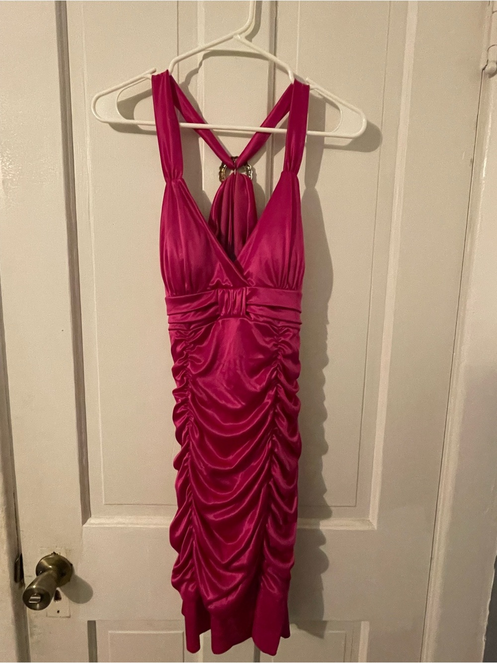 Deb Hot Pink Satin Ruched Halter Midi Dress
